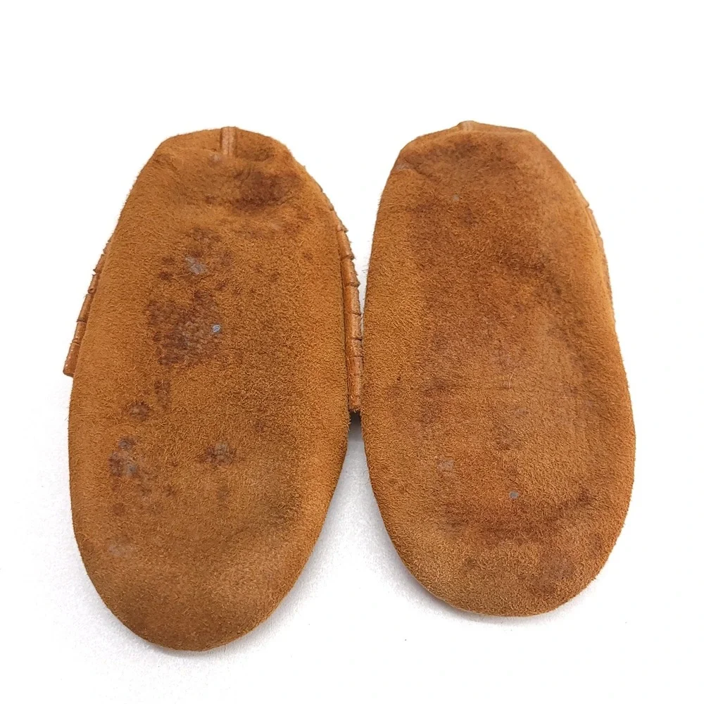 Handmade Beaded Leather Baby Moccasins‎ Brown Suede Soft Sole Infant Shoes 5 In